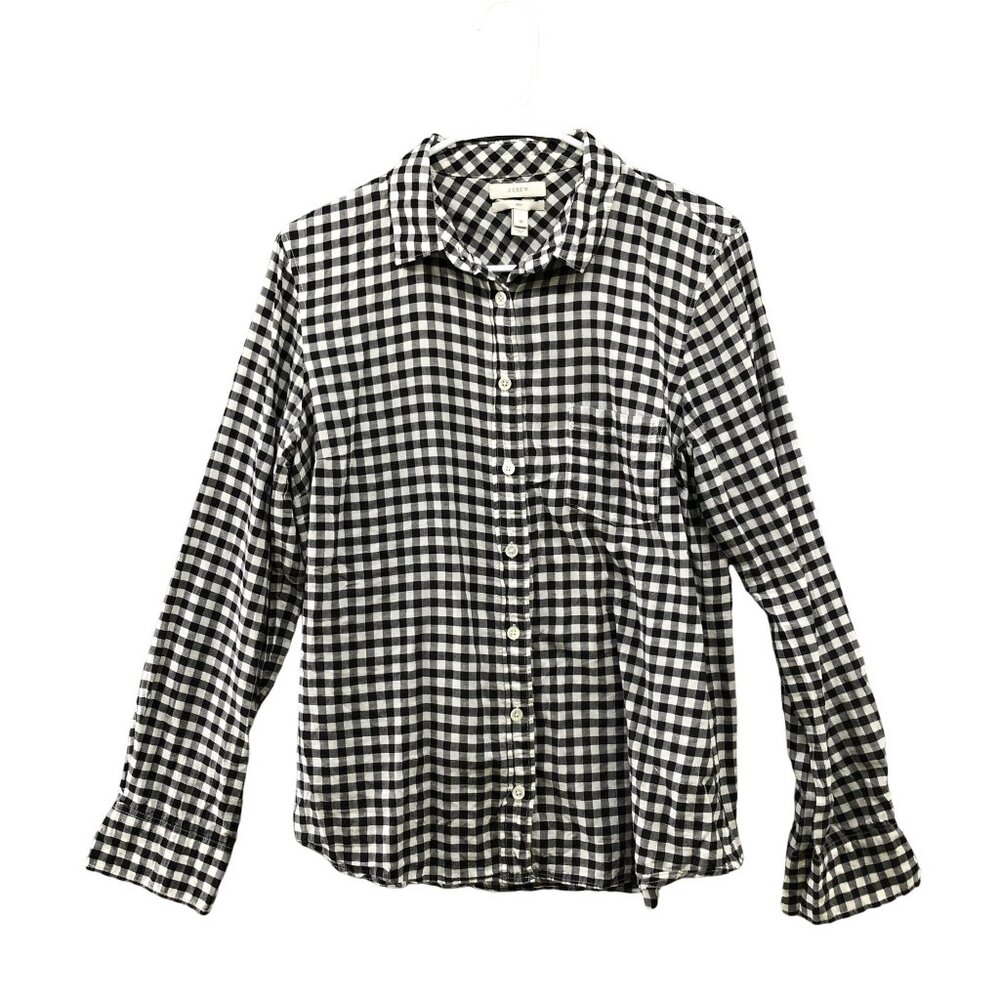 J. Crew Boy Fit Shirt Womens Size 10 Gingham Plaid Black White Long Sleeve